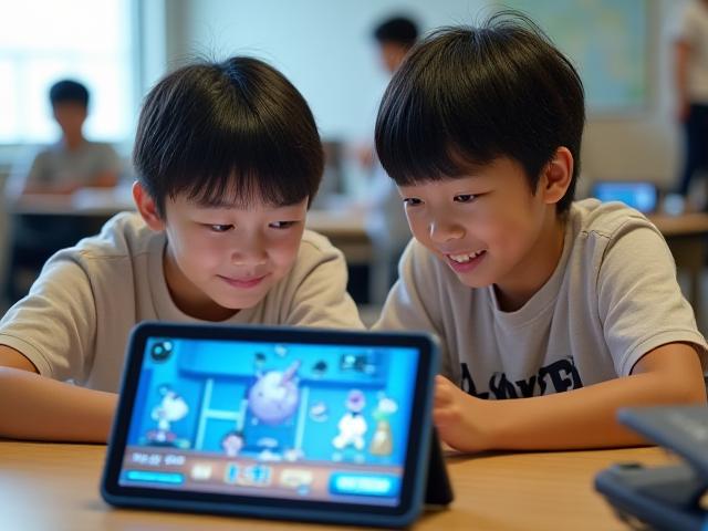 Students engaged in an educational game on tablets, depicting a virtual chemistry lab
